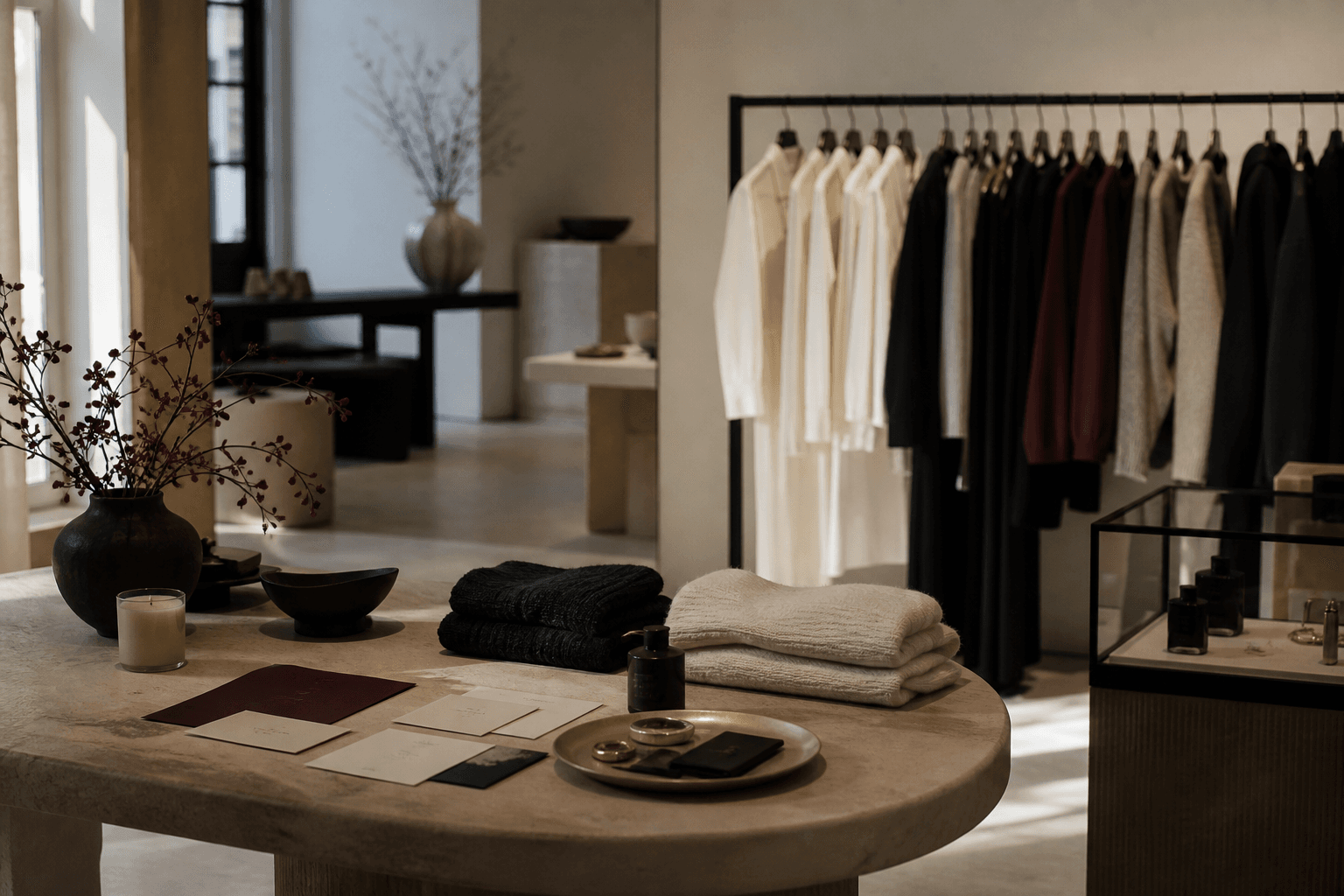 A refined concept store interior with curated garments, accessories and event materials.