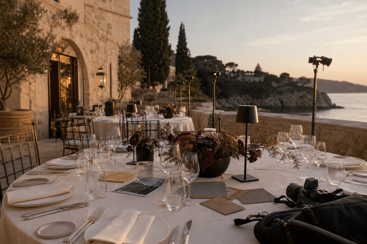 A luxury hotel terrace prepared for a refined cultural event with editorial details.